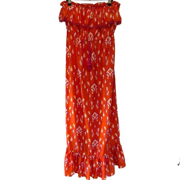 Mud Pie Womens orange pink Aztec tiered strapless maxi dress Small - Picture 1 of 6